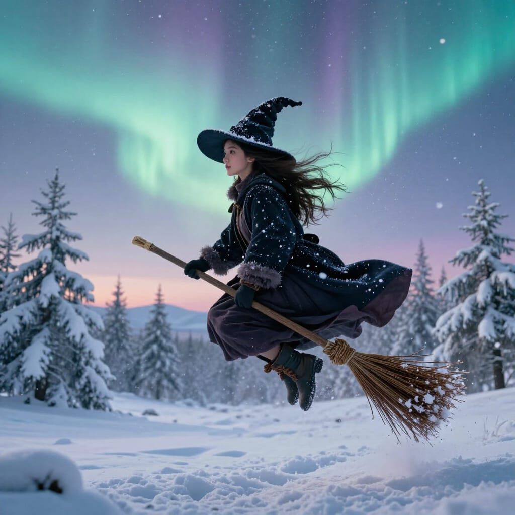 Witch Flying Through Winter Wonderland Under Aurora