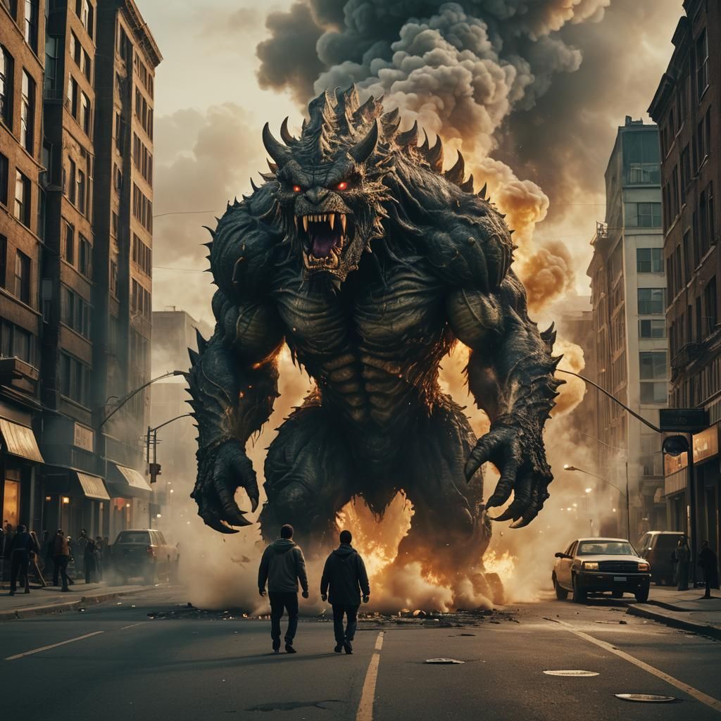 Giant Monster Roaring in Post-Apocalyptic City