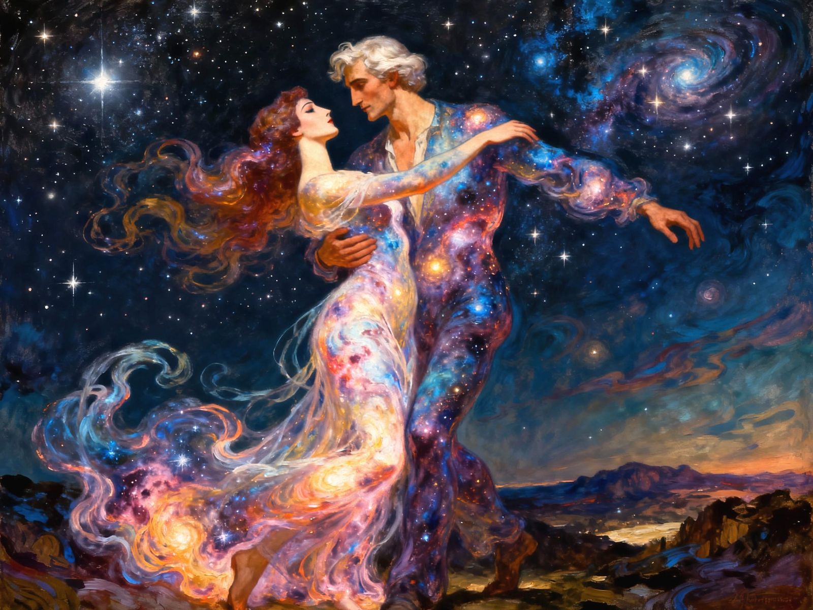 Cosmic Couple Dancing in the Sky as Oil Painting