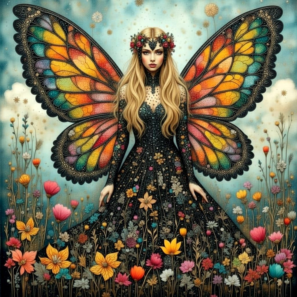 Gothic Fairy in Meadow with Patterned Wings