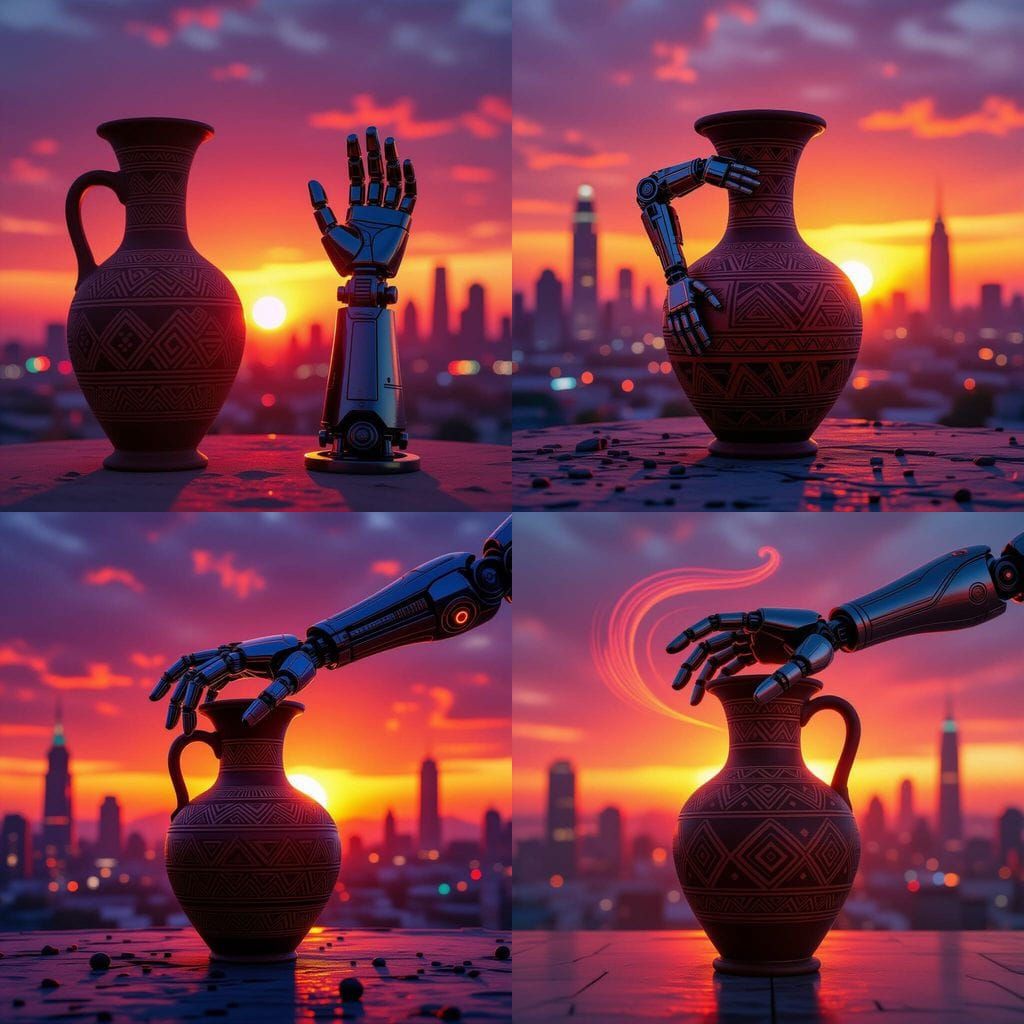 Ancient Vase Meets Robot Arm at Sunset