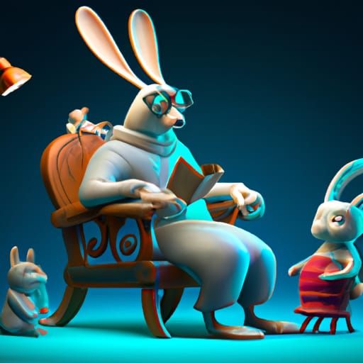 Father Rabbit Reading to Babies: Pixar-Style 3D Art