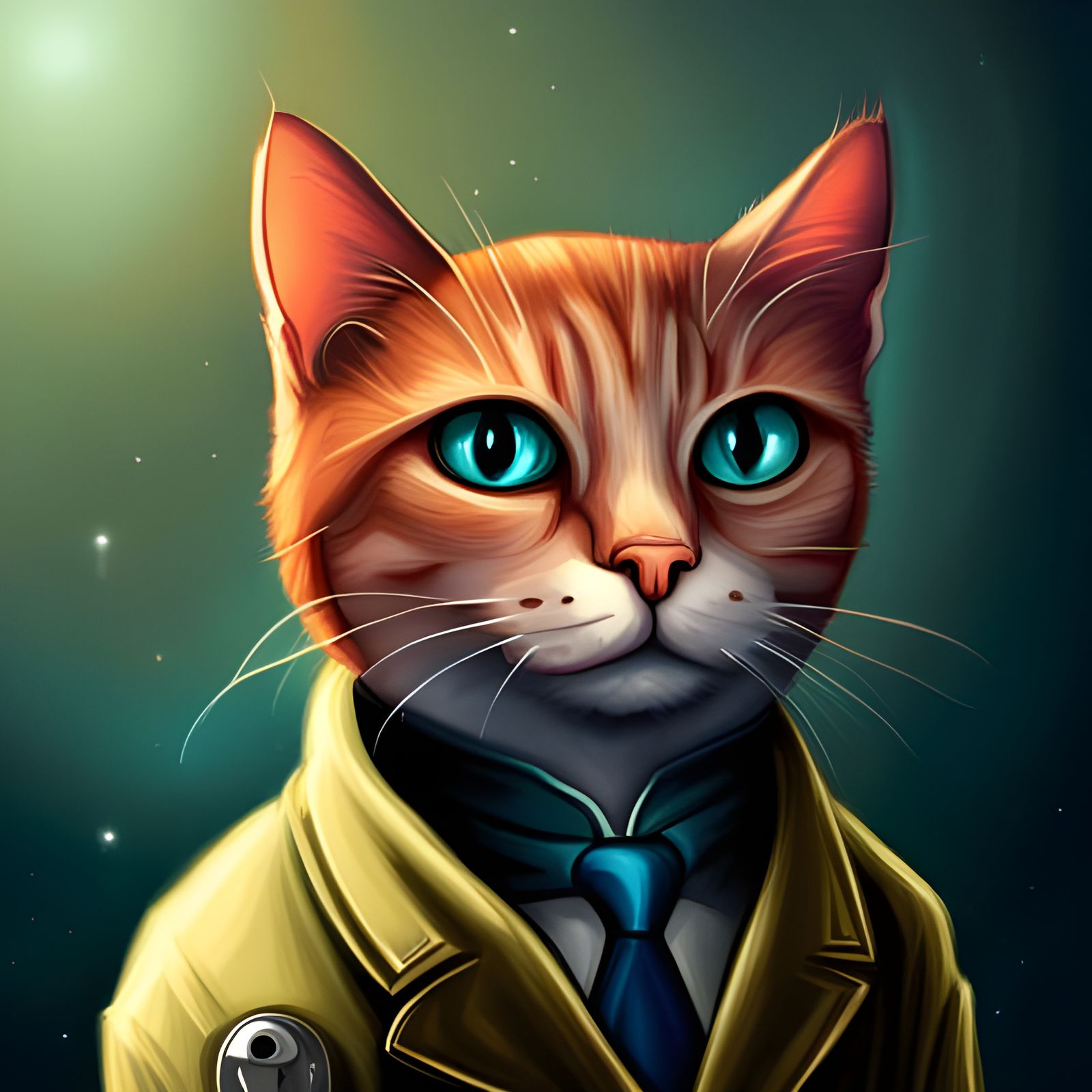 Sad Working Cat Portrait in Retro-Futuristic Style