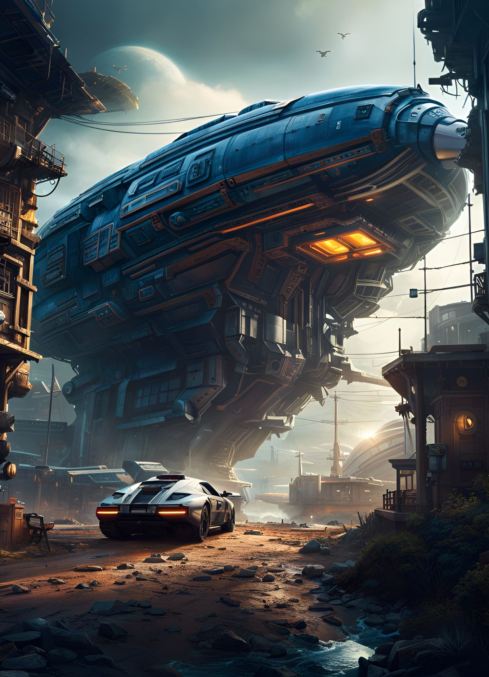 Sci-Fi Spaceship Landing in Frontier Town Cover Art