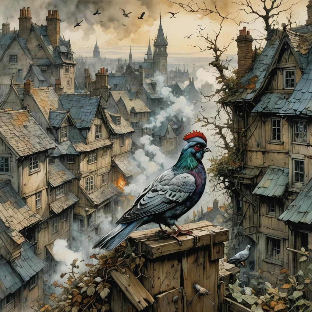 Whimsical Townscape with Pigeons and Chimneys