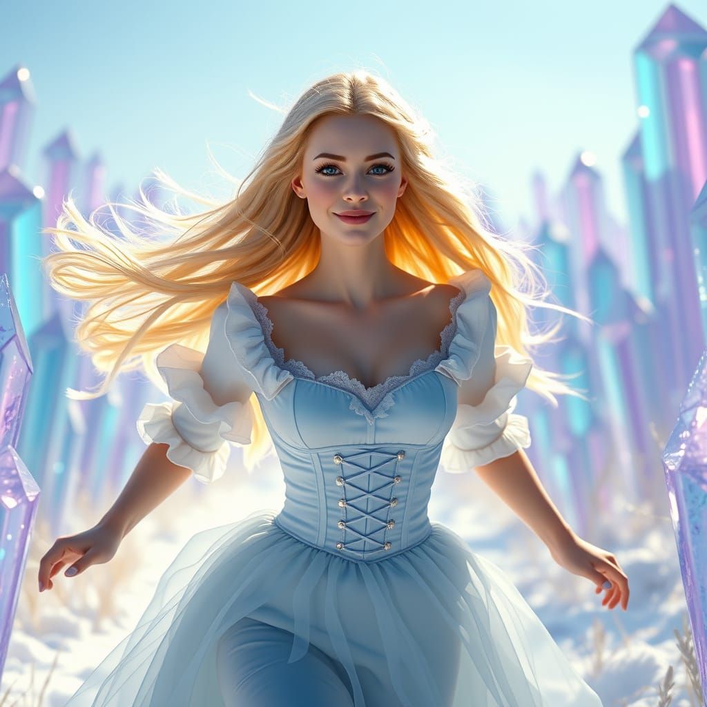 Victorian Woman in Crystalline Field, Surreal Dreamscape