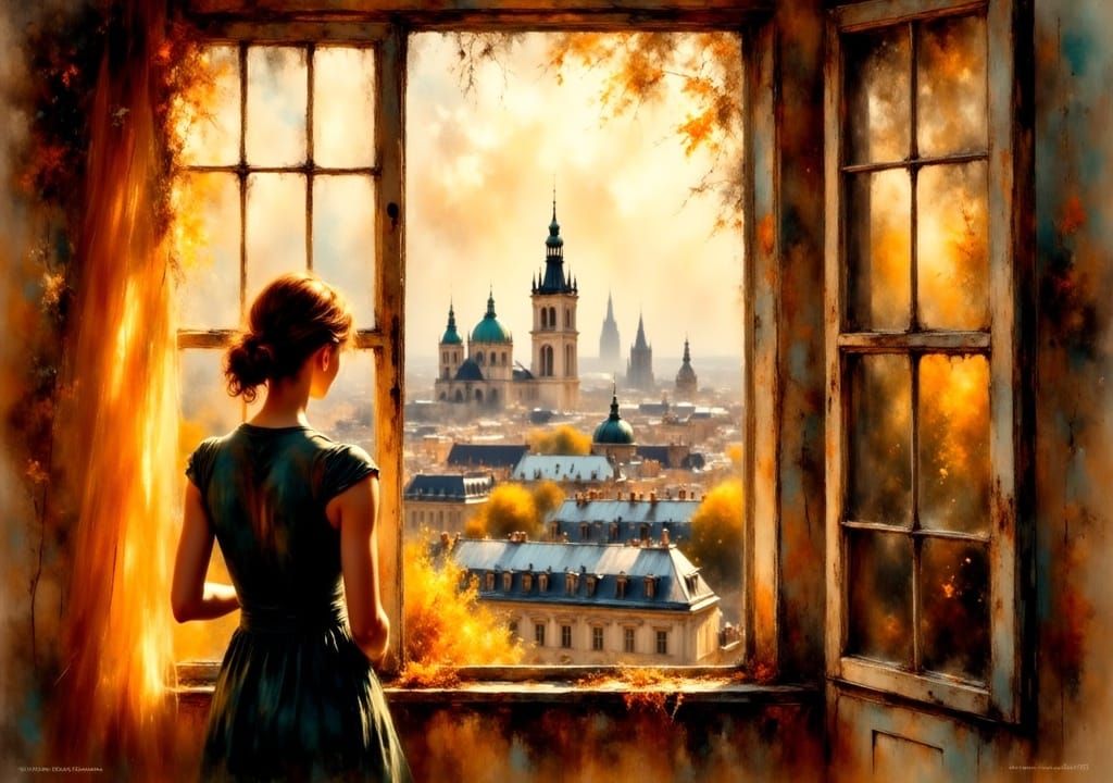 Woman Gazing at Cityscape in Impressionist Style