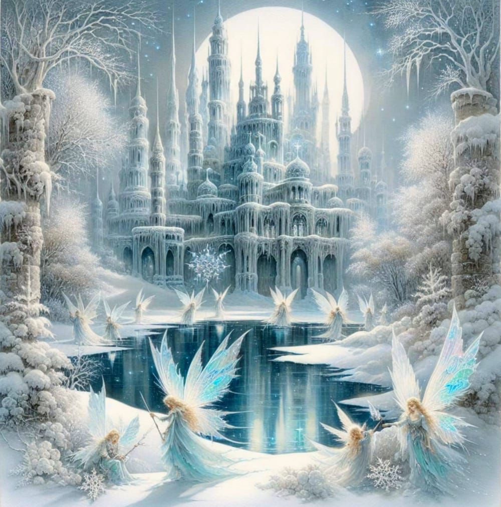 Whimsical Winter Wonderland Ice Palace with Snow Fairies