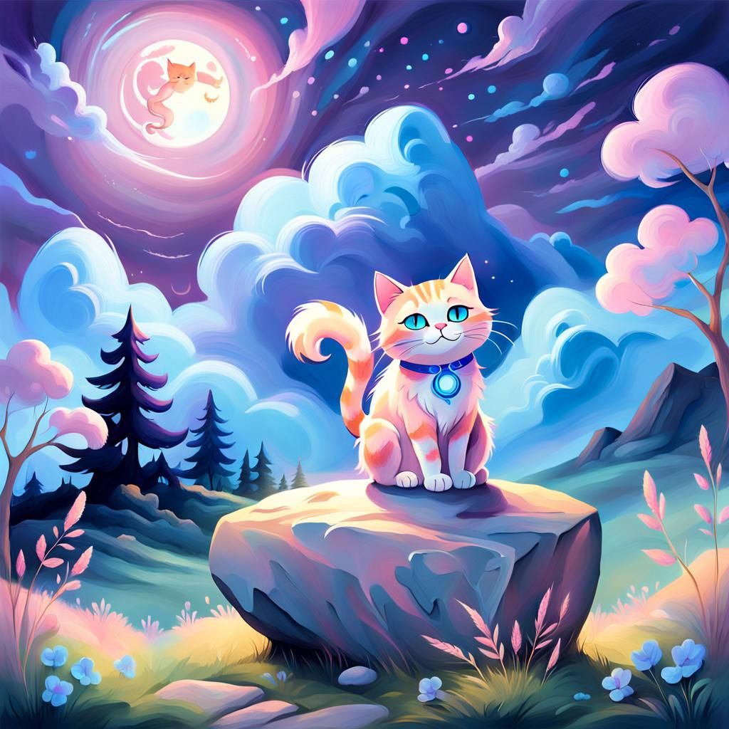 cat sitting on large stone, bright moon shining on scene, bl...