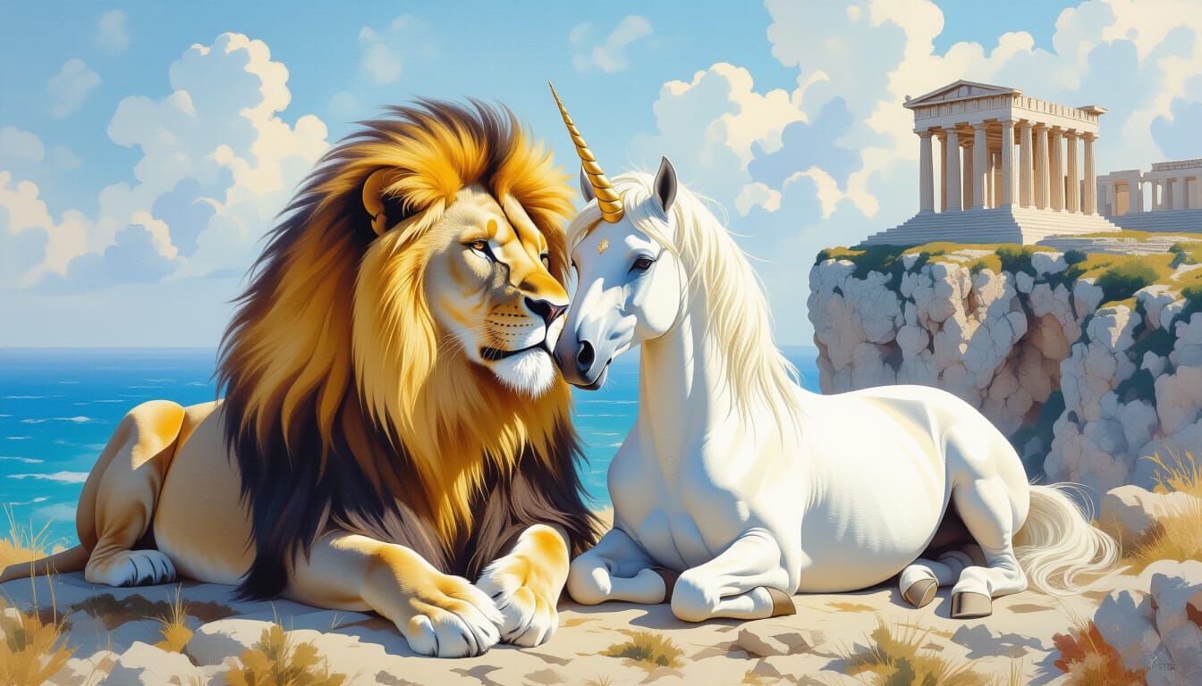 Lion and Unicorn Friendship in Ancient Ruins