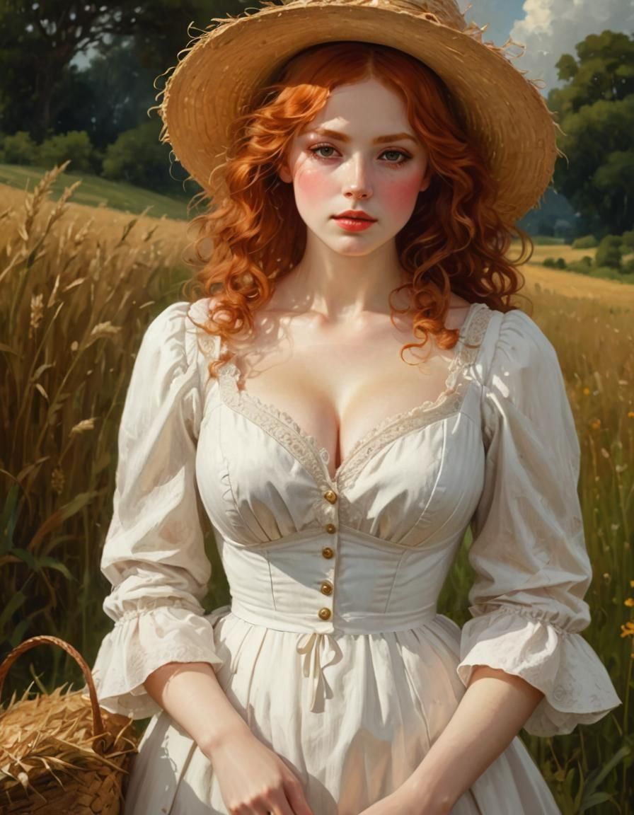 Victorian Woman in Field, Hyper-Detailed Painting