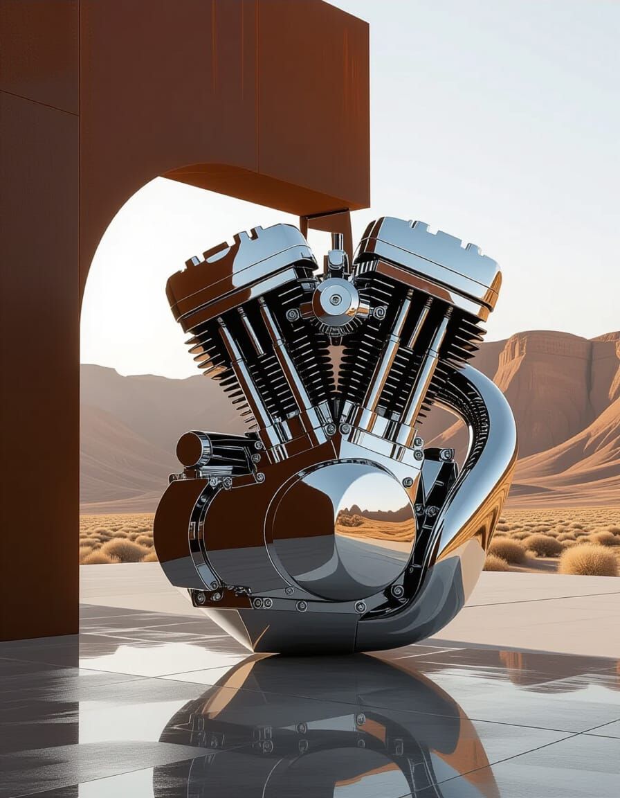Minimalist Engine Sculpture in Open Landscape