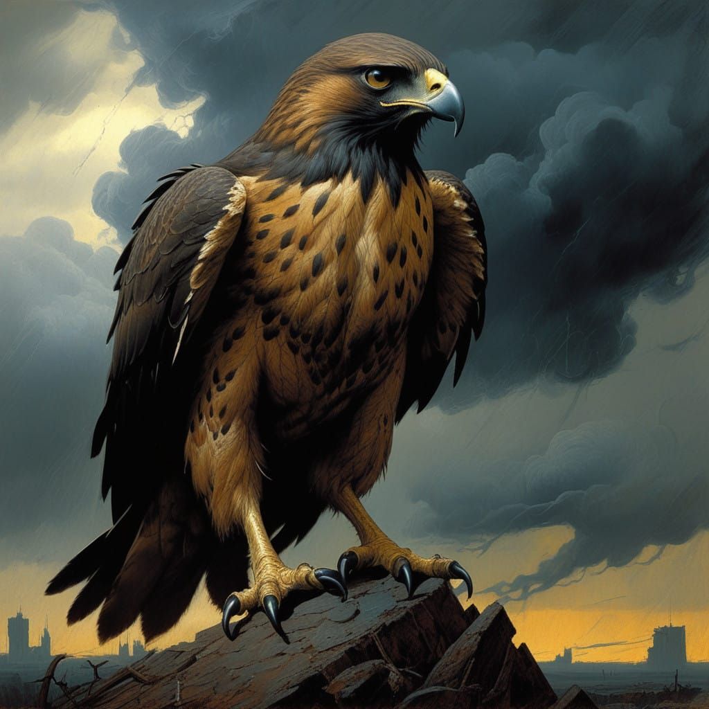 Foreboding Bird of Prey perched on Darkened Stormy Skies