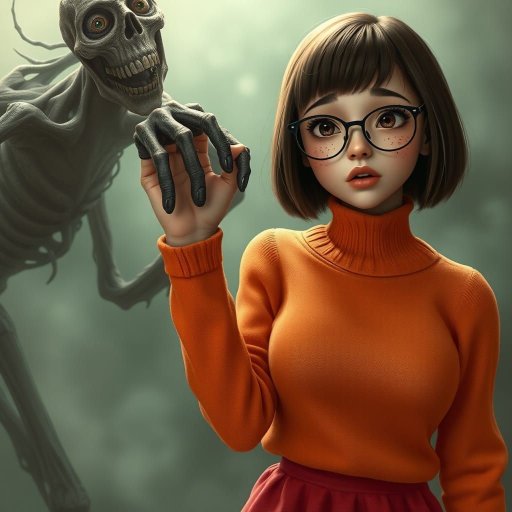 Velma and Gaunt Figure in Ethereal 3D Rendering