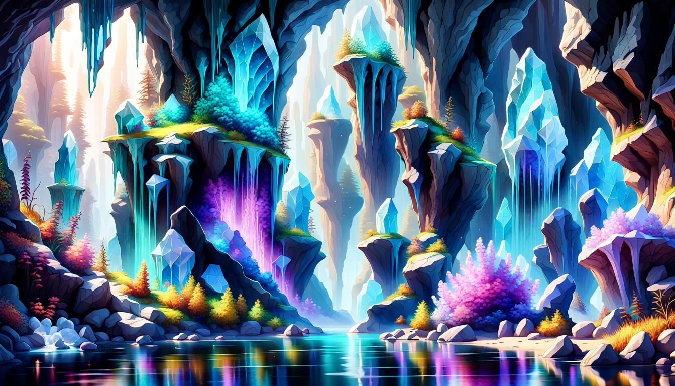 Luminous Crystal Cave with Geodes and Stream