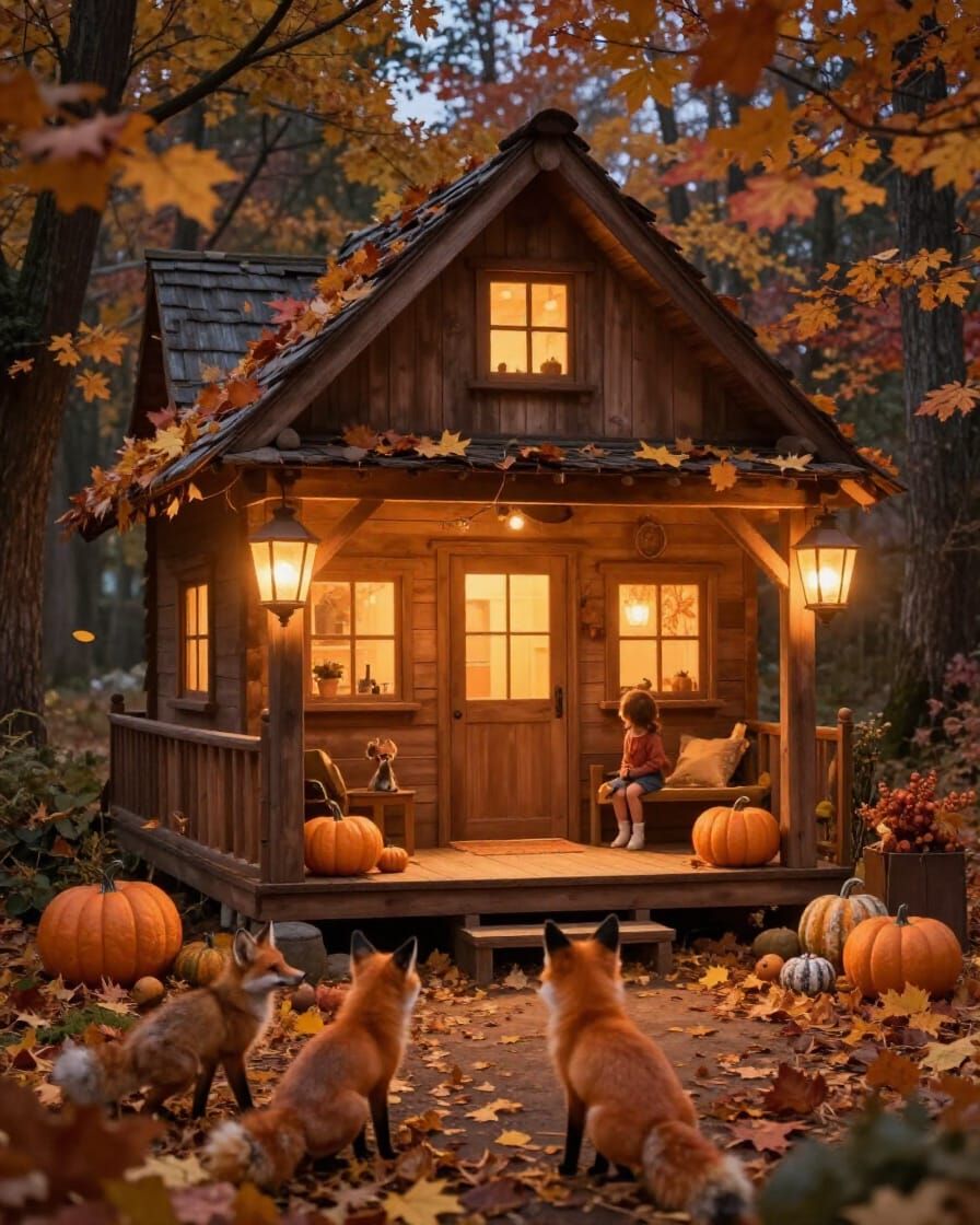 Cozy Autumn Cottage with Lanterns and Foxes