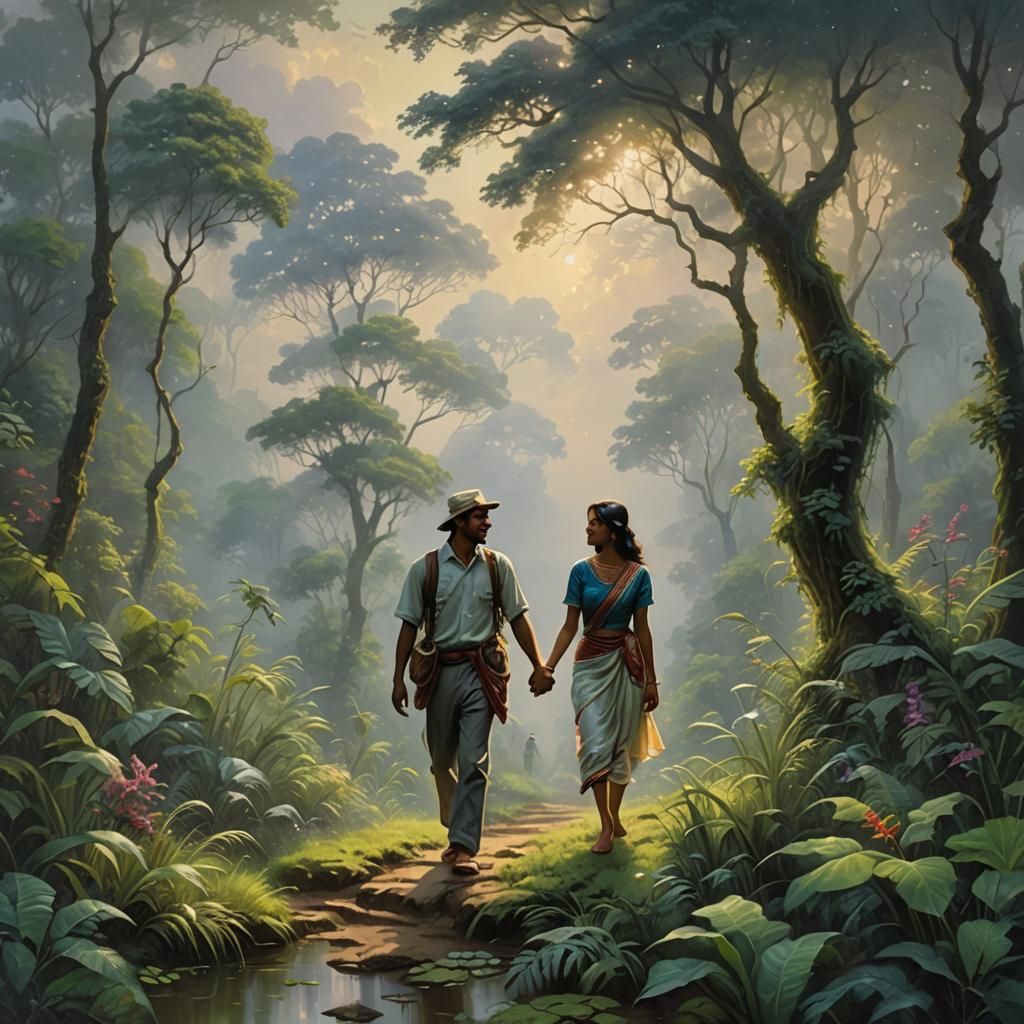 Happy Couple Stroll in Ethereal Jungle Landscape