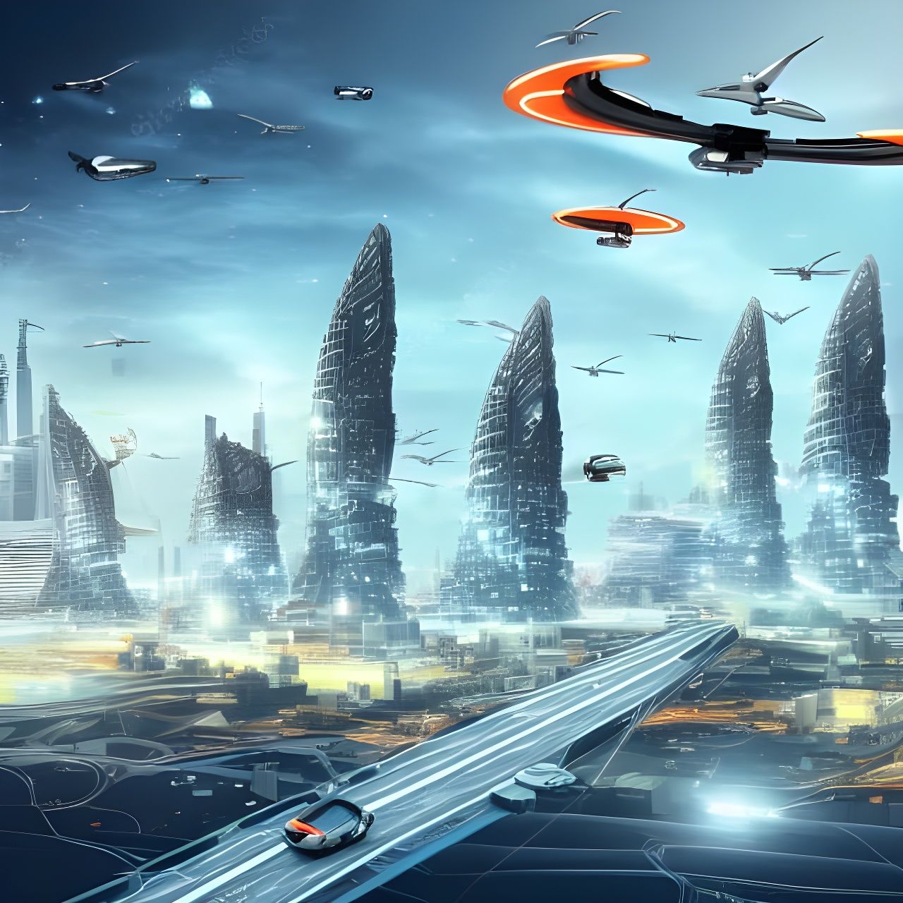 Futuristic Cityscape with Flying Cars