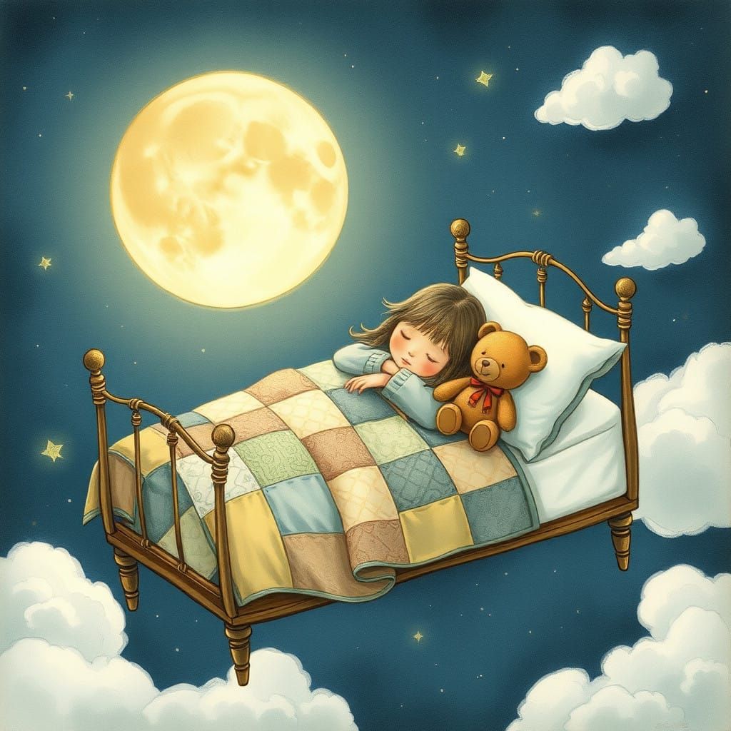 Whimsical Storybook Scene with Flying Bed, Little Girl, and...