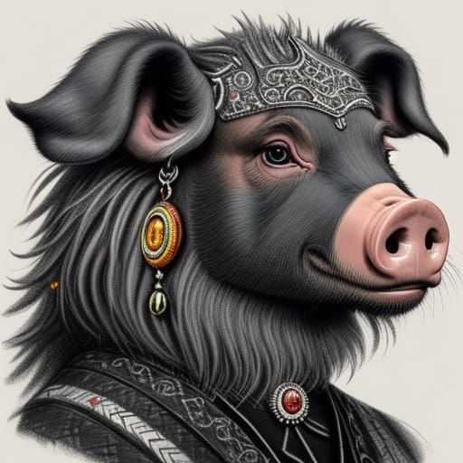 Pig with Earrings in Charcoal Drawing Style