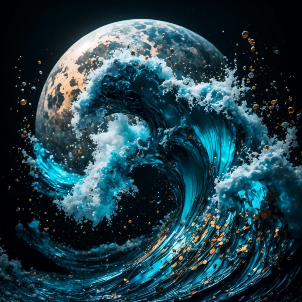 Chaotic Ocean Wave Crashes Into Moon in Surreal Style