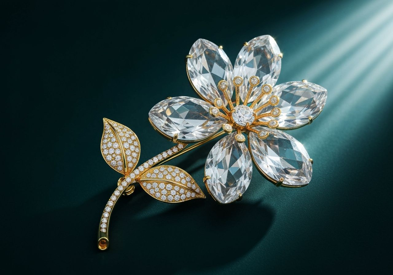 Diamond Encrusted Gold Flower Brooch