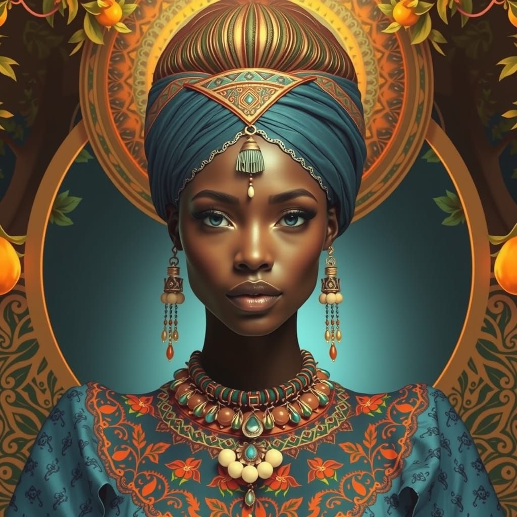 African Woman in Traditional Outfit with Vibrant Background