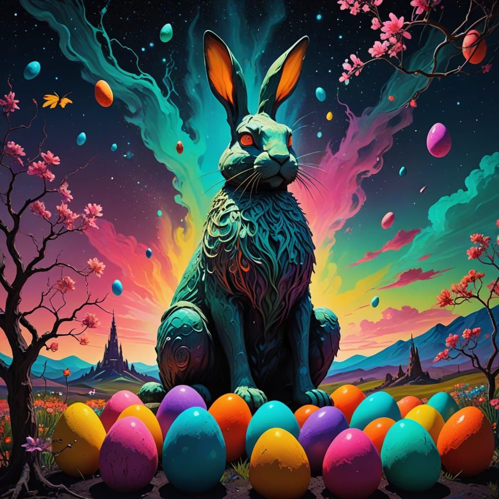 Divine Easter Bunny Deity Guards Surreal Easter Wonderland