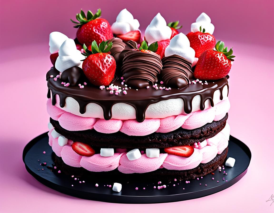 Chocolate Cake with Strawberries in Anime Style