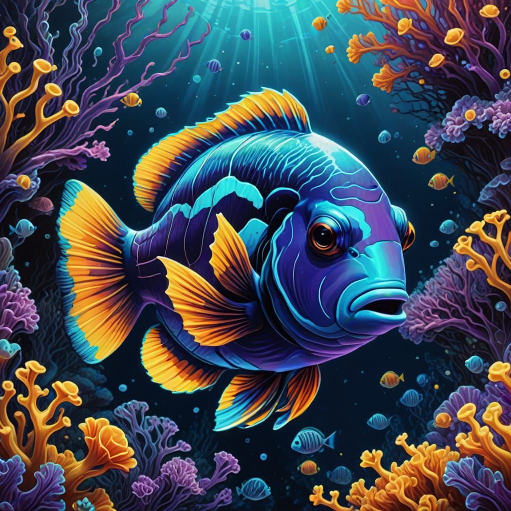 Electric Blue Clown Fish in a Fantastical Underwater World