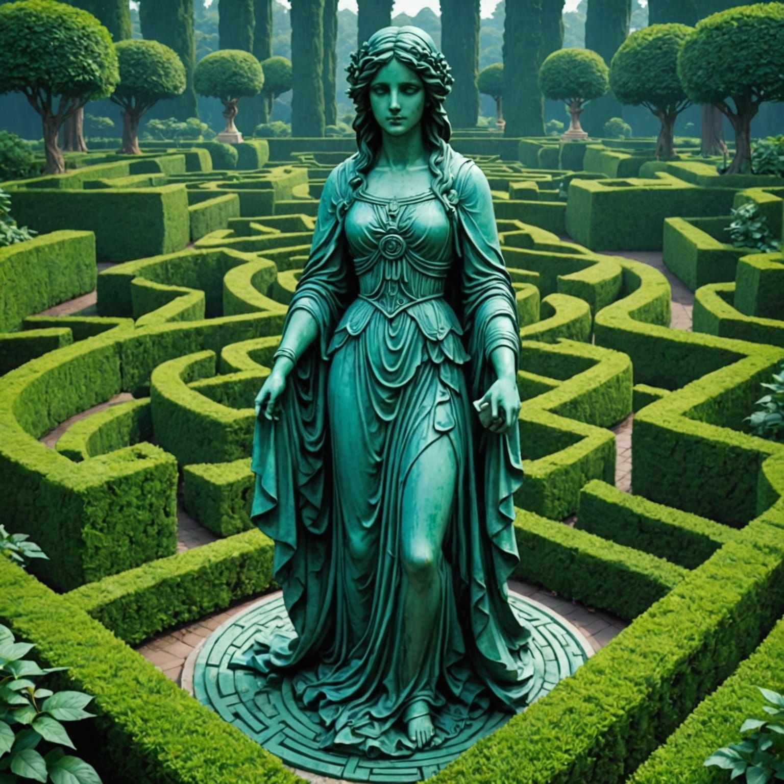 Blue-Green Statue in Detailed Hedge Maze