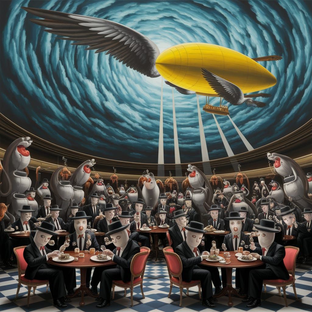 Teapot People and Zeppelin Angels: A Surreal Scene