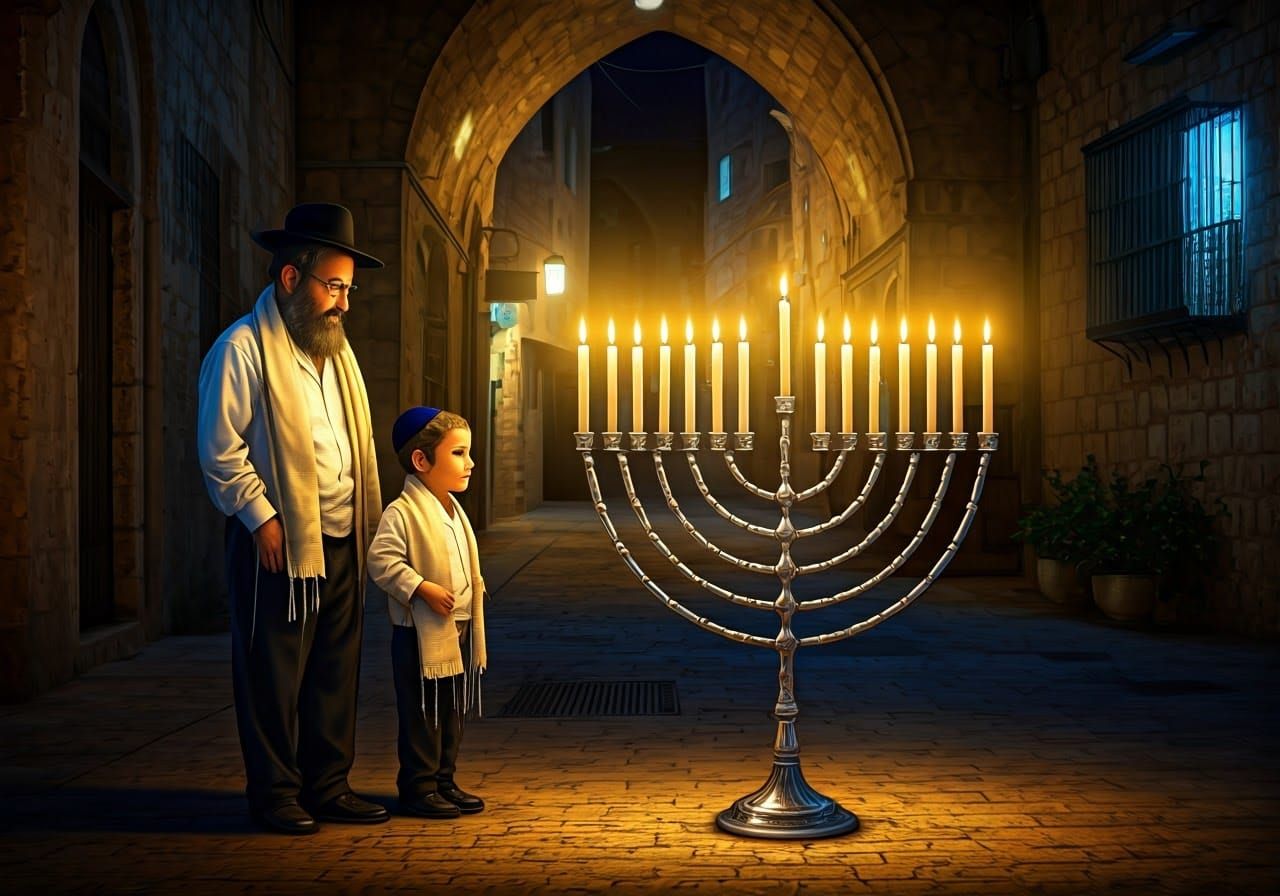 Jewish Father and Son with Menorah in Old City