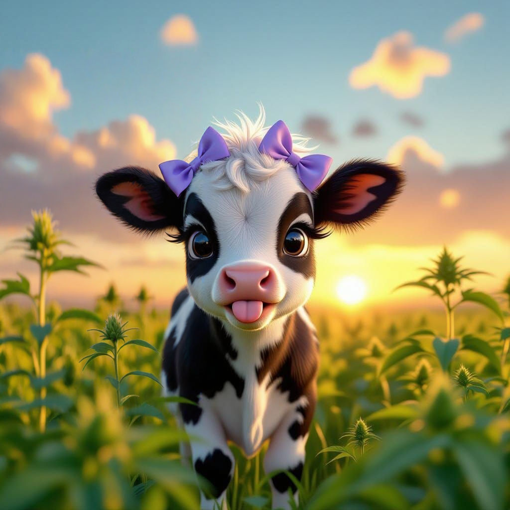 Whimsical Calf with Lavender Bows in Hemp Field