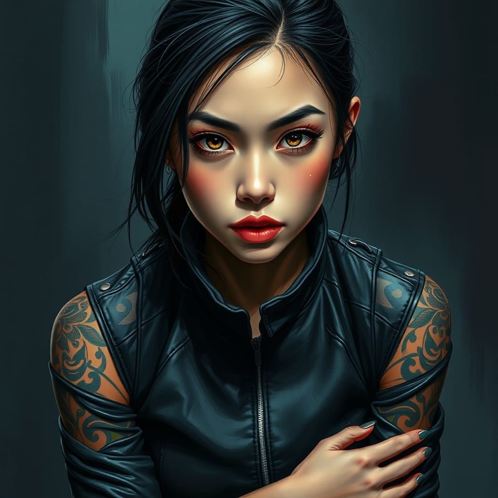 Intense Woman with Tattoos in Digital Art Style