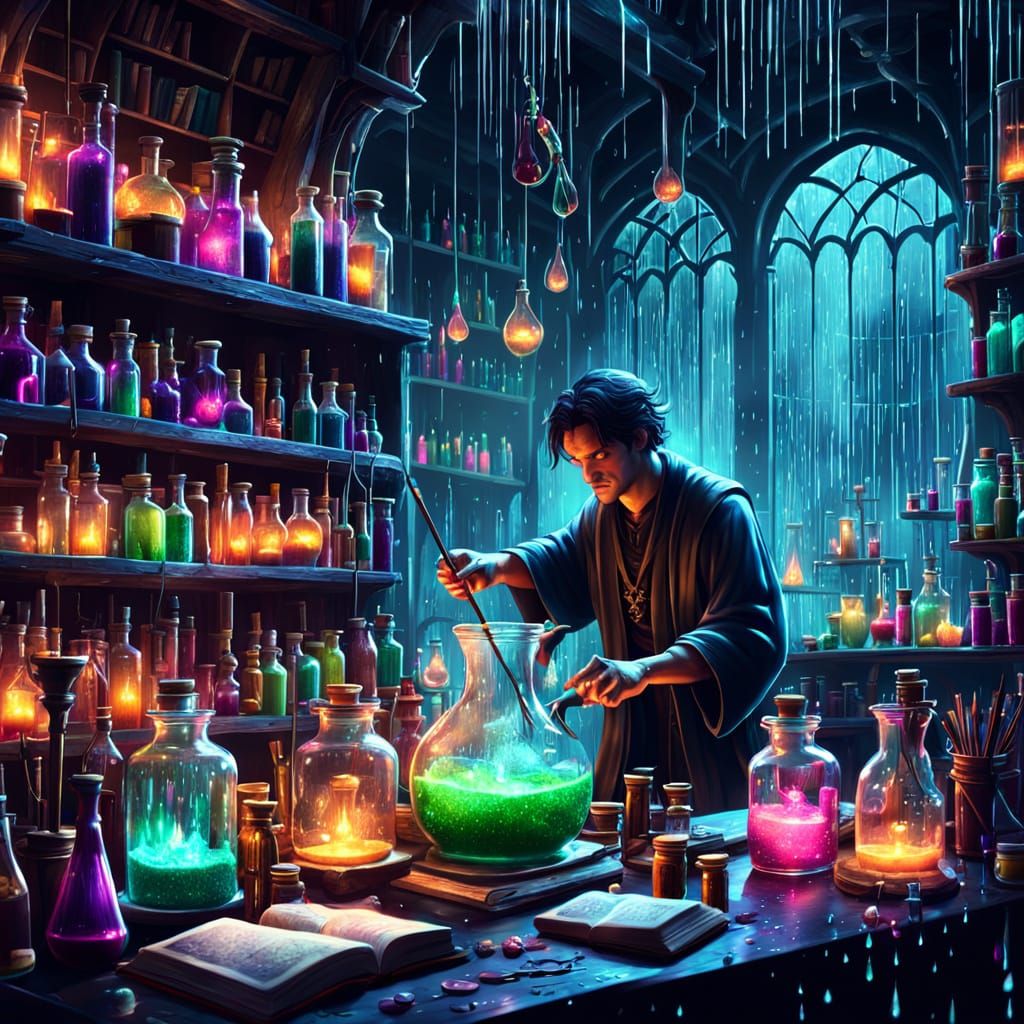 Dark Magic Scientist Brews Neon Potions in Enchanted Lab
