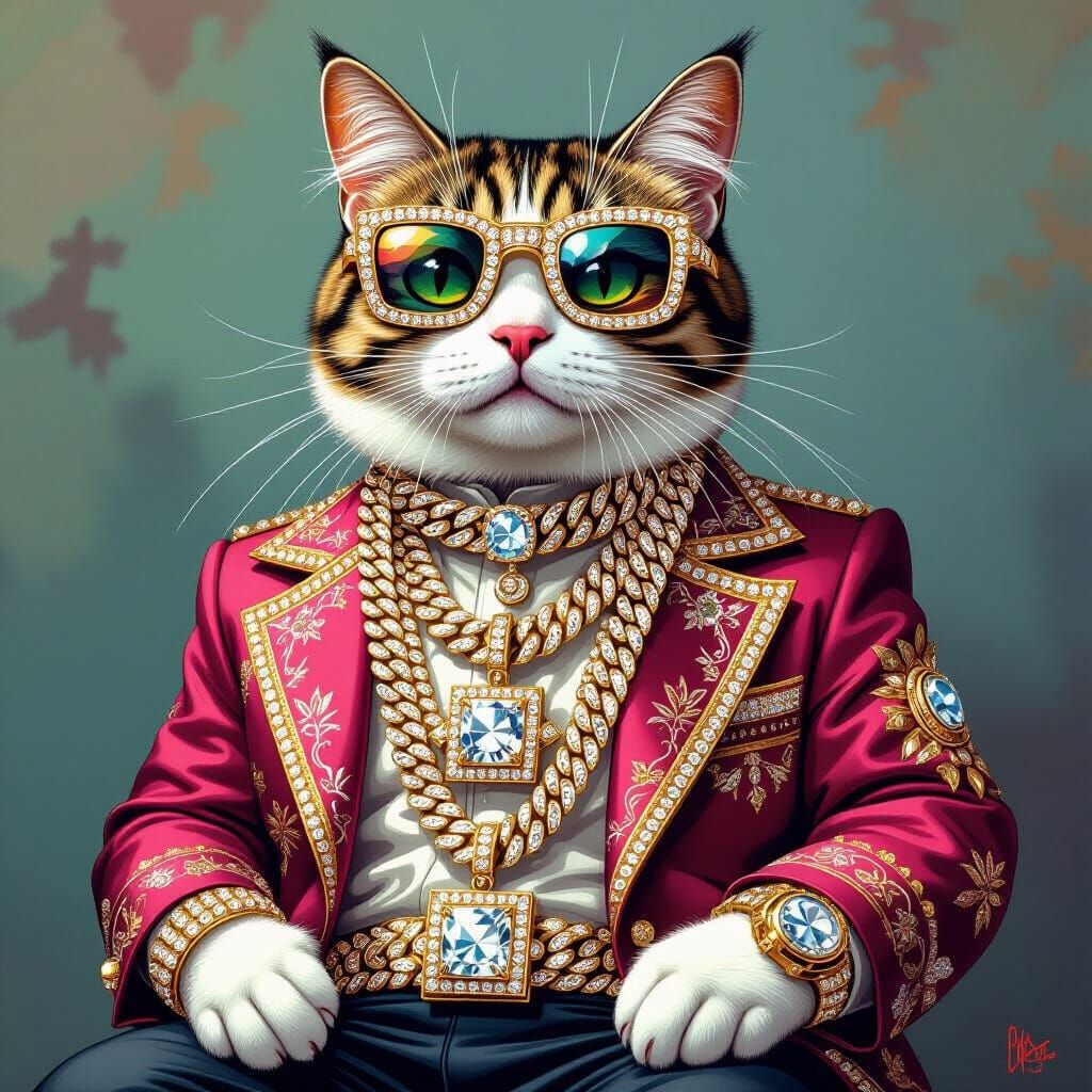 Opulent Gangsta Cat in Extravagant Digital Art