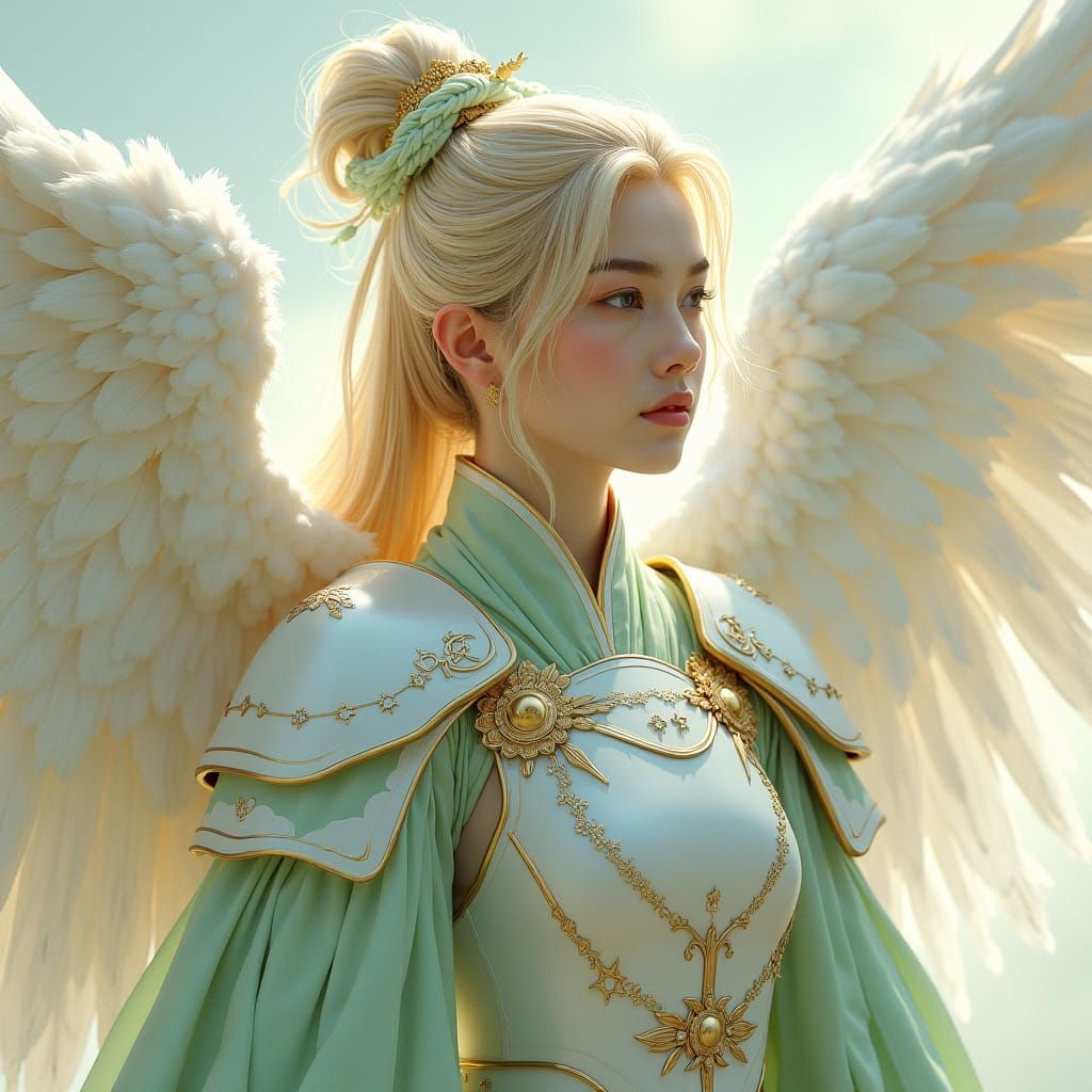 Ethereal Korean Princess in Angelic Armor with Feather Accen...