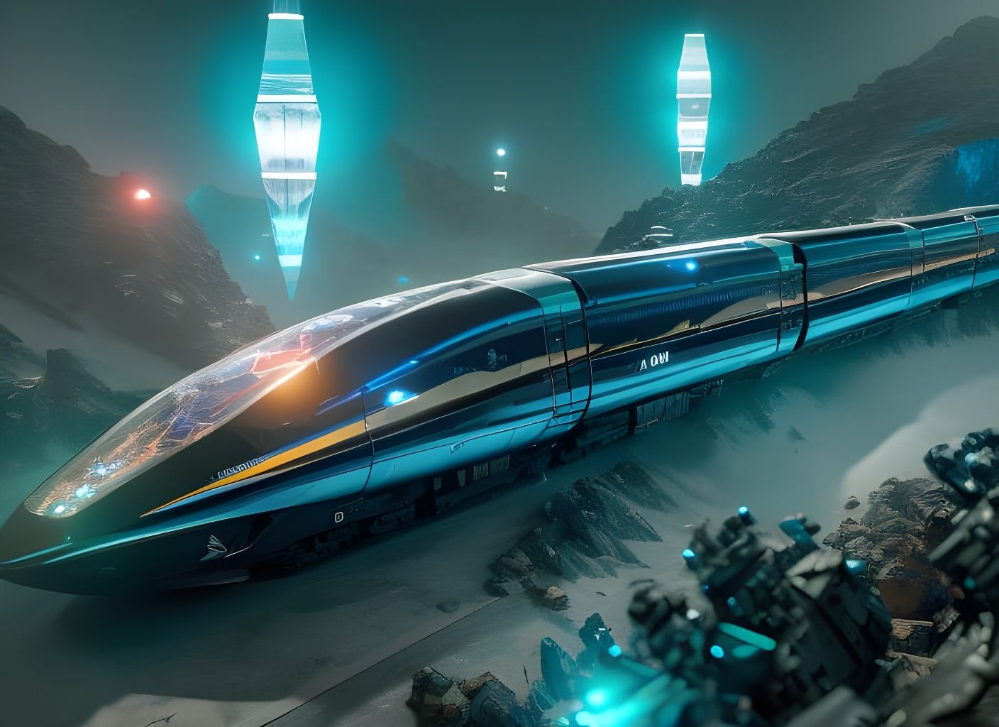 Obsidian Crystal Bullet Train in Sci-Fi Landscape