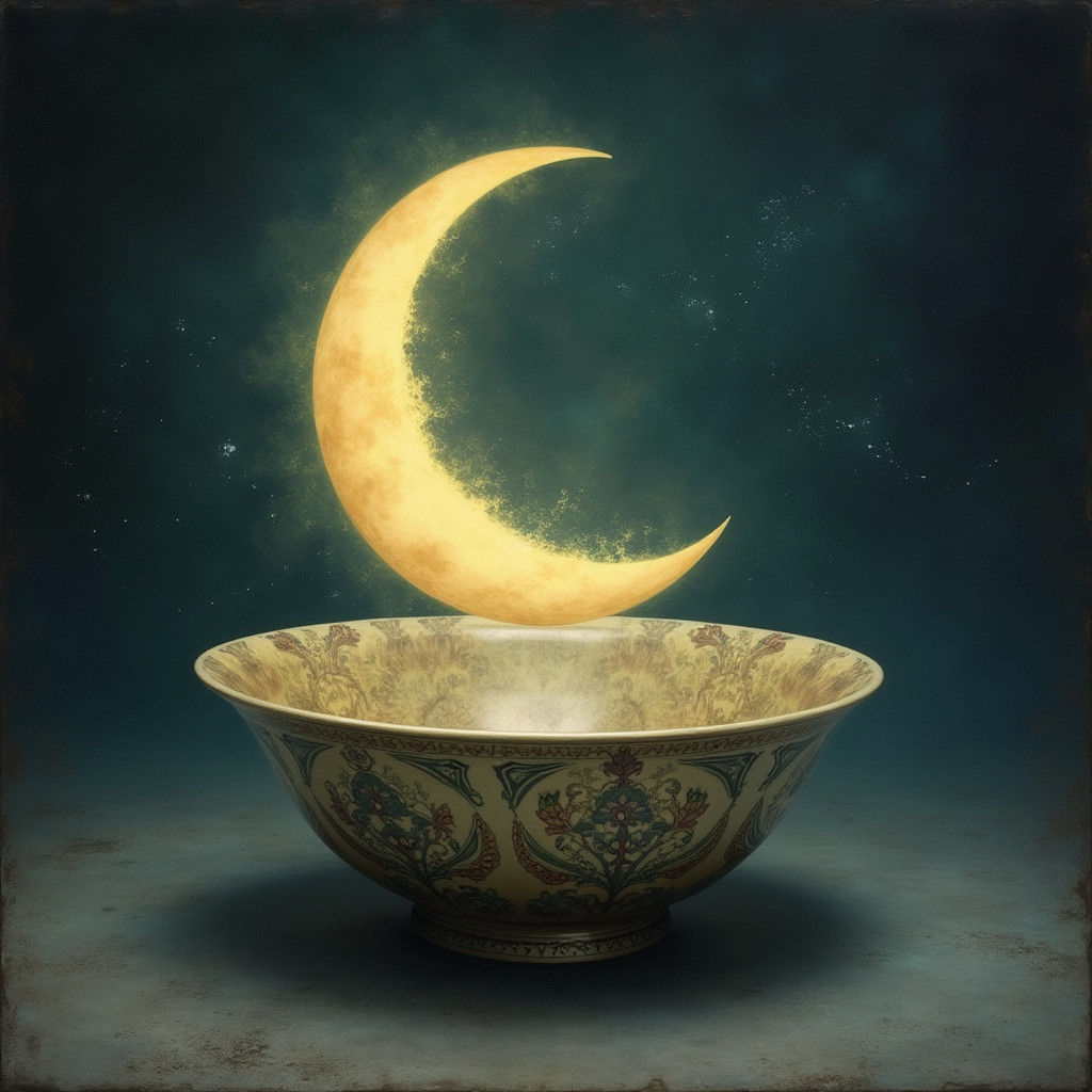 Crescent Moon Descends into Antique Bowl: Surreal Dreamscape