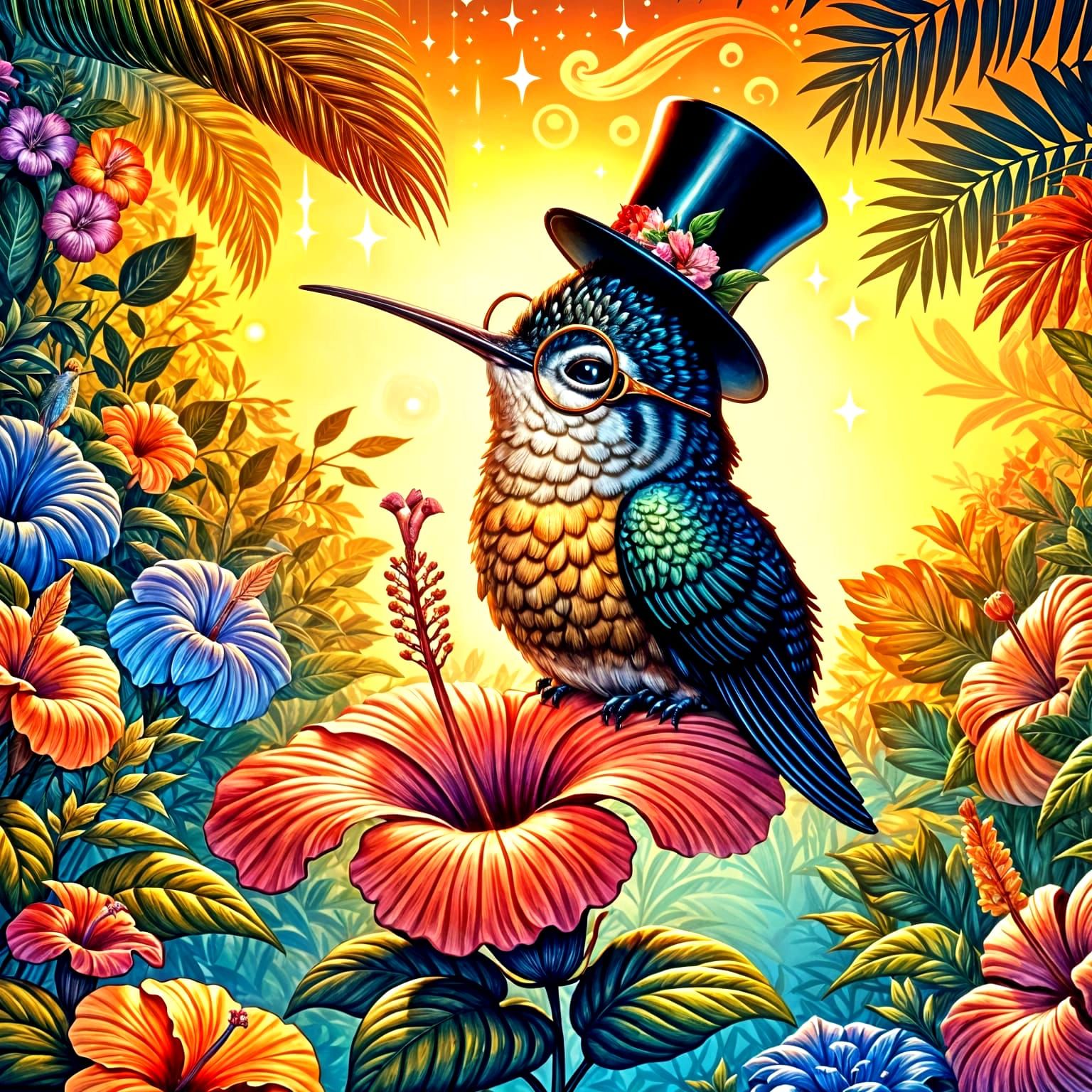 A whimsical, anthropomorphic hummingbird sipping nectar from a vibrant hibiscus flower in a sun-drenched tropical garden...