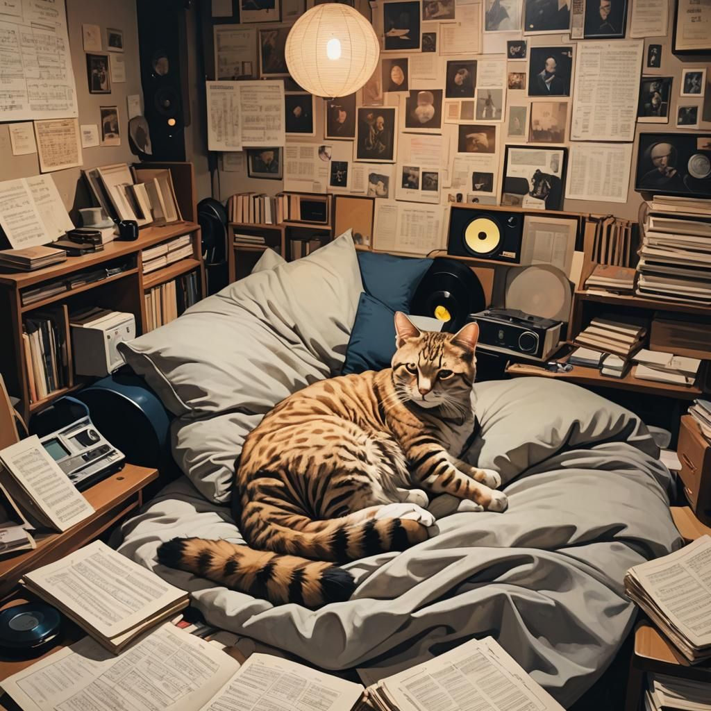 Cozy Cat in Lo-Fi Hip-Hop Bedroom