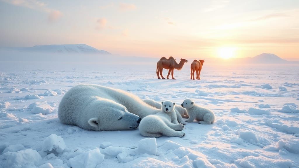 Icy Realm: Polar Bears and Camels in Winter Wonderland