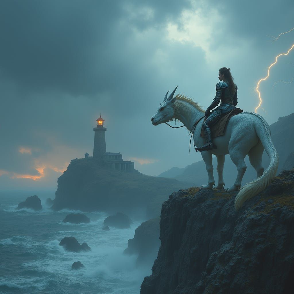 Warrior Princess on Dragon Gazing at Lighthouse