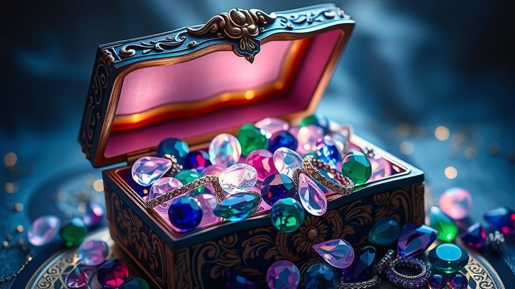 Jewelry box overflowing with glowing glass jewelry.
