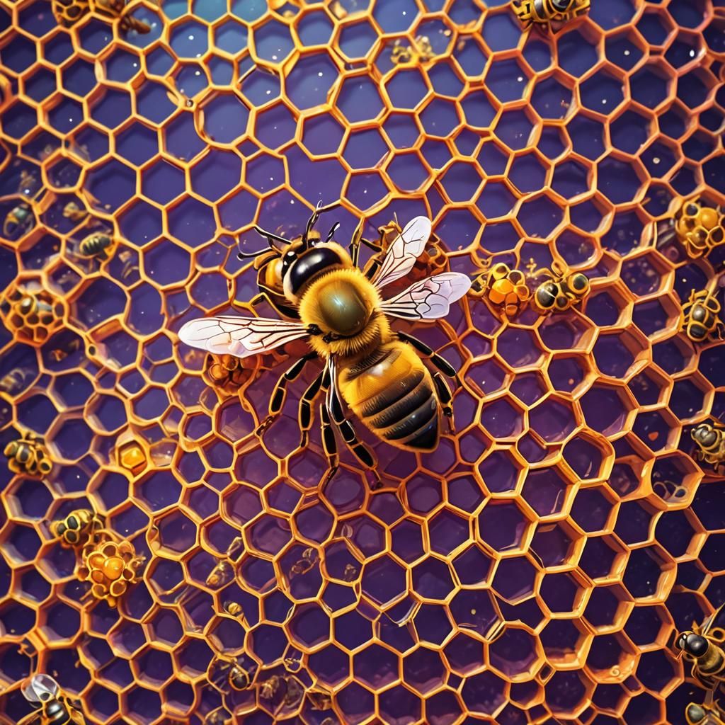 Honeycomb and Bee in Synthwave Neon Style