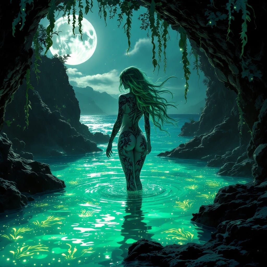Enchanted Moonlit Siren with Emerald Hair