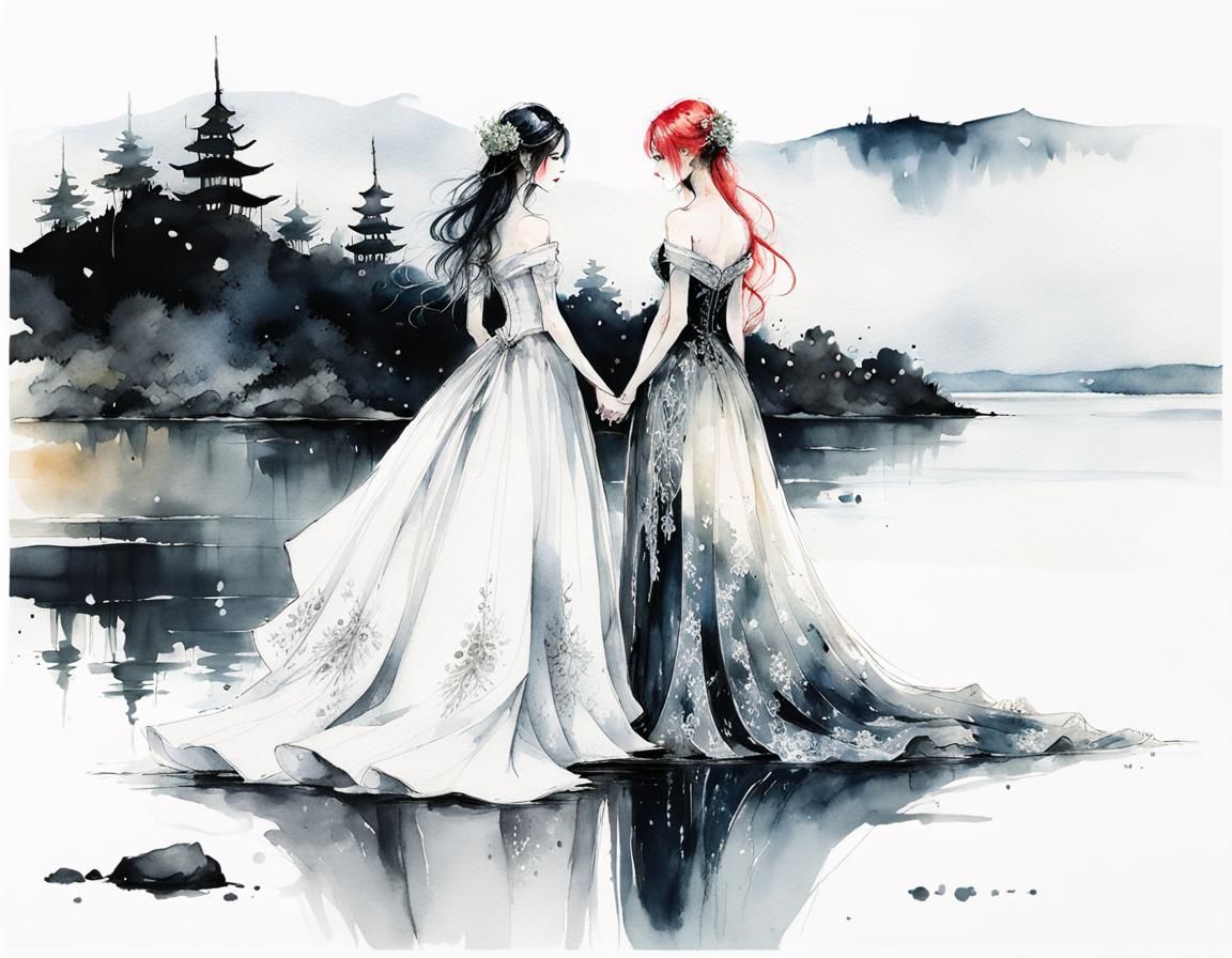 Witches' Lakeside Wedding in Watercolour Style