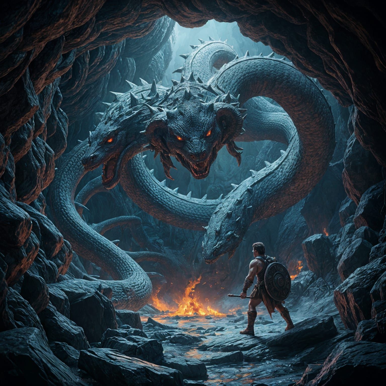Hercules Battles the Multifaceted Hydra in an Enchanted Cave