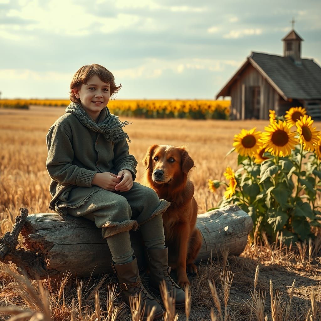 Shepherd Boy and Dog in Golden Wheat Field